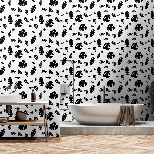 Papier Peint Feuille d'été noir et blanc Tropical Motif (Salle de bain)