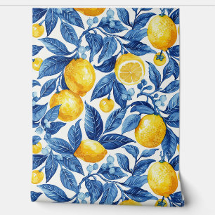Papier Peint Feuilles bleus et citron jaune