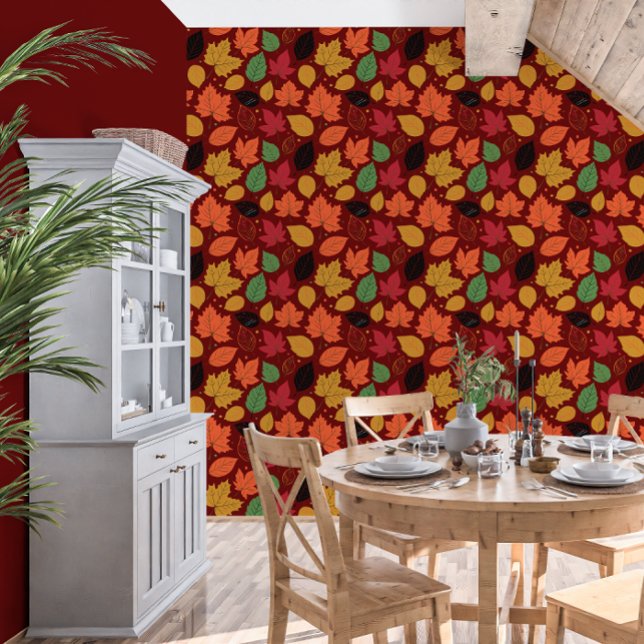 Papier Peint Feuilles d'automne vibrantes Motif multicolores (Vibrant Autumn Leaves Multi-Colored Dark Pattern Wallpaper)