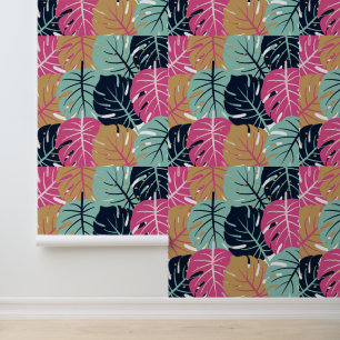 Papier Peint Feuilles de Palmiers Tropicaux en Rose et Bleu À