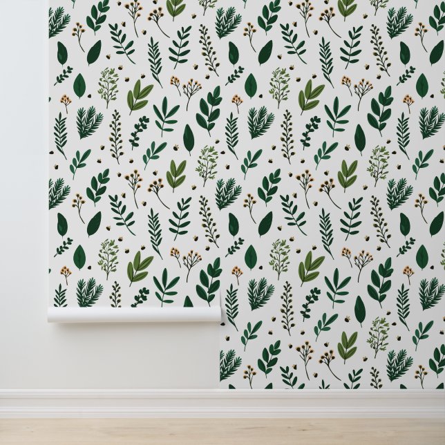 Papier Peint Feuilles et fleurs vertes sur blanc (Application)