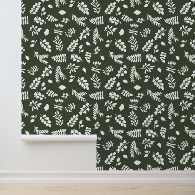 Papier Peint Feuilles et Motifs de baies - Dk Green | Blanc (Application)