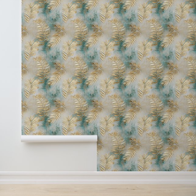 Papier Peint Feuilles Tropical Green Aqua Gold (Application)