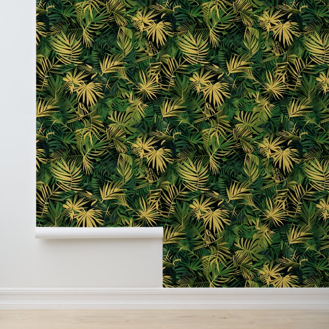 Papier Peint Feuilles Tropicales Vert Jaune (Application)