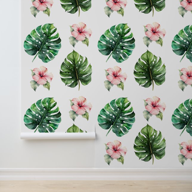 Papier Peint Feuilles tropicaux Fleurs d'Hibiscus rose (Application)