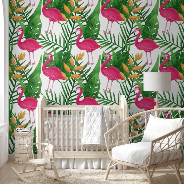 Papier Peint Feuilles tropicaux, Fleurs, Motif Flamants roses r (Enfants)