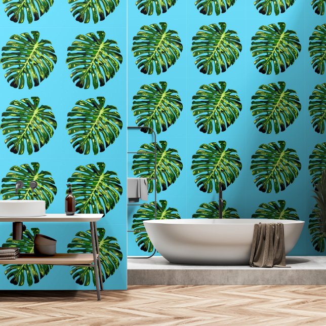 Papier Peint Feuilles tropicaux sur Blue Sky (Salle de bain)