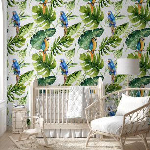 Papier Peint Feuilles tropicaux verts gras avec perroquets colo