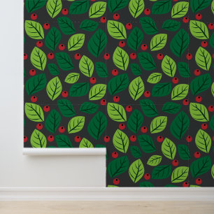 Papier Peint Feuilles verts, Berries Rouges, Motif Des Feuilles