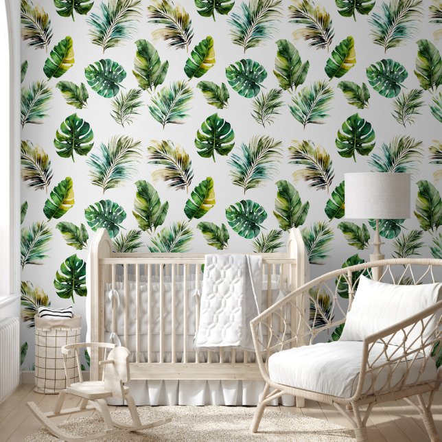 Papier Peint Feuilles verts tropicaux blancs (Enfants)
