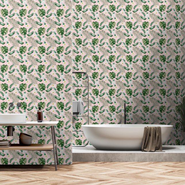Papier Peint Feuilles verts tropicaux sur rose (Salle de bain)