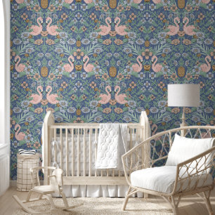 Papier Peint Flamant rose rose et bleu Fleur Damas