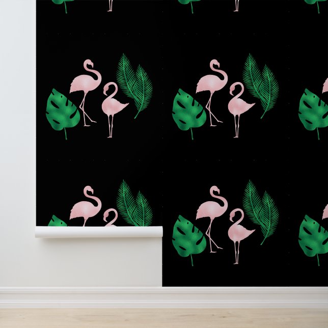Papier Peint Flamants roses roses et Feuilles de palme en noir (Application)