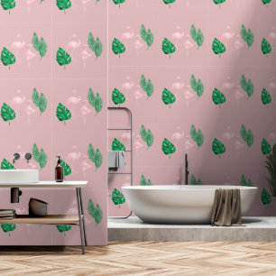 Papier Peint Flamants roses roses et Feuilles de palme sur rose