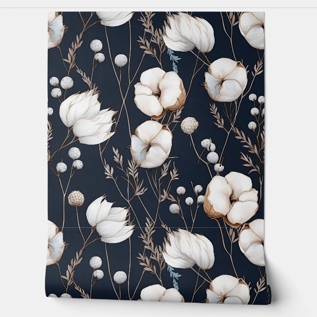 Papier Peint Fleur bleu et blanc de minuit (Déroulement)