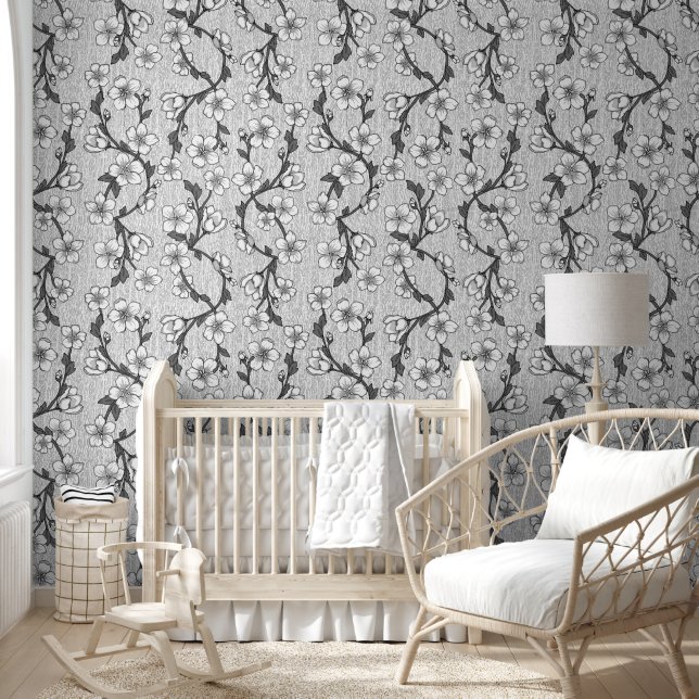 Papier Peint Fleur botanique moderne noire et blanche (Enfants)