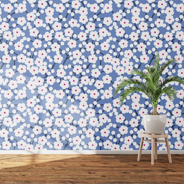 Papier Peint Fleur de cerisier blanc sur le bleu ciel (White and blue cherry blossom art wallpaper)