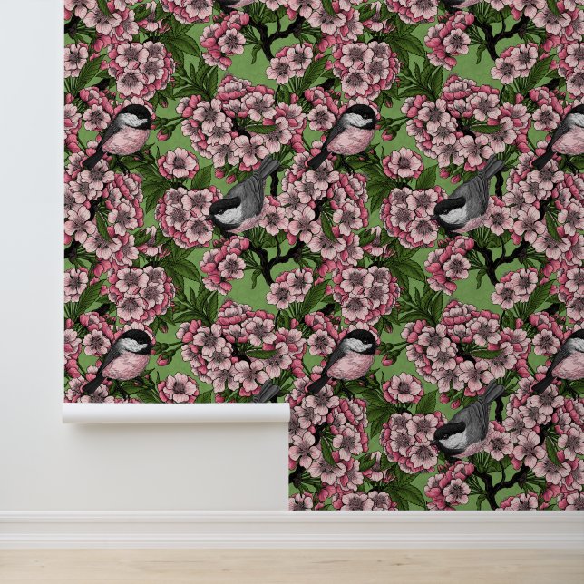 Papier Peint Fleur de cerisiers et poulets verts (Application)
