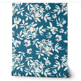 Papier Peint Fleur de Cottage Rose - Bleu Saphir et Blanc