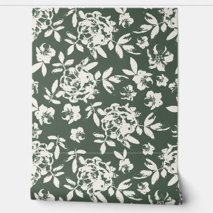 Papier Peint Fleur de Cottage Rose - Japandi Vert et Blanc