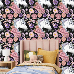 Papier Peint Fleur de licorne blanche enchantée rose noir