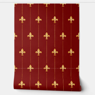 Papier Peint Fleur-de-Lis vintage or (petite échelle) rouge fon