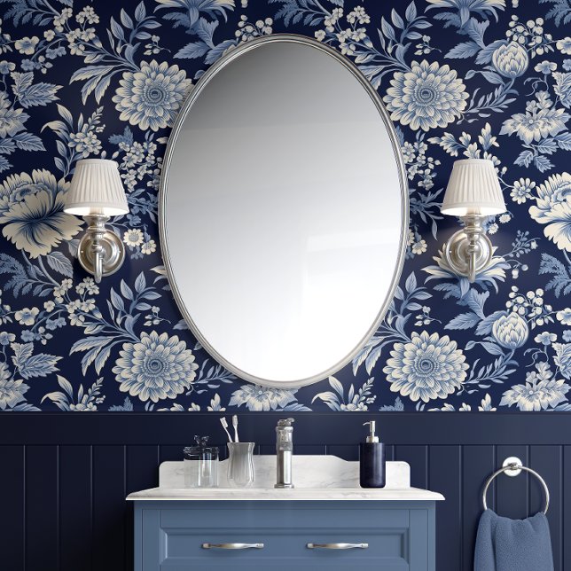 Papier Peint Fleur de minuit - Bleu et blanc - Traditionnel (Bathroom Peel & Stick Wallpaper)