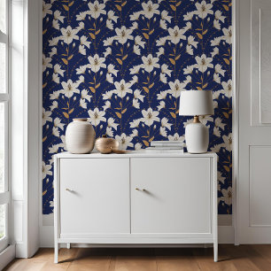 Papier Peint Fleur fleurie géométrique Bleu Beige Lily Motif