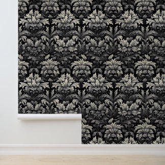 Papier Peint Fleur Gothique Baroque Argent Noir à