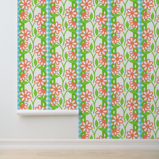Papier Peint Fleur maximaliste Corail & Lime à rayure festonnée