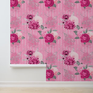 Papier Peint Fleur rose Fleur Argent Parties scintillant Papill