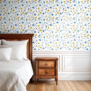 Papier Peint Fleur sauvage aquarelle bleu jaune 