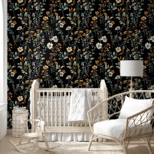 Papier Peint Fleur sauvage boho de couleur noire