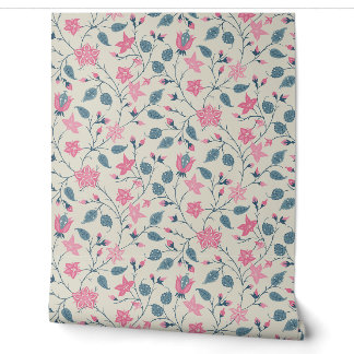 Papier Peint Fleur Traînante - Paisley - Rose Pâle et Bleu Pous