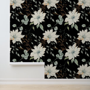 Papier Peint Fleurs blanches botaniques classiques sur fond noi