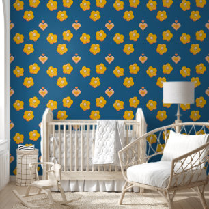 Papier Peint Fleurs Bleues Jaunes Mignonnes et Cœurs Maison Flo