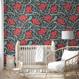Papier Peint Fleurs Botaniques Florales Sauvages Grandes Rouges