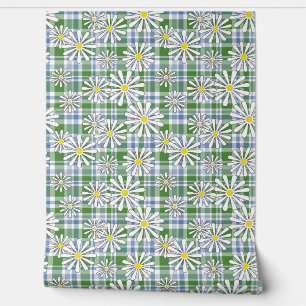 Papier Peint Fleurs chamomiles blanches sur à damiers bleu vert