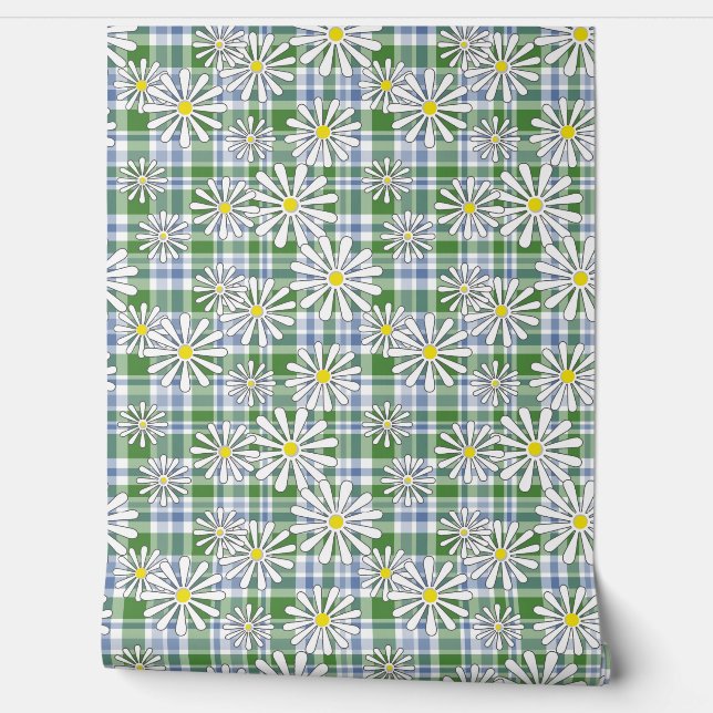 Papier Peint Fleurs chamomiles blanches sur à damiers bleu vert (Déroulement)