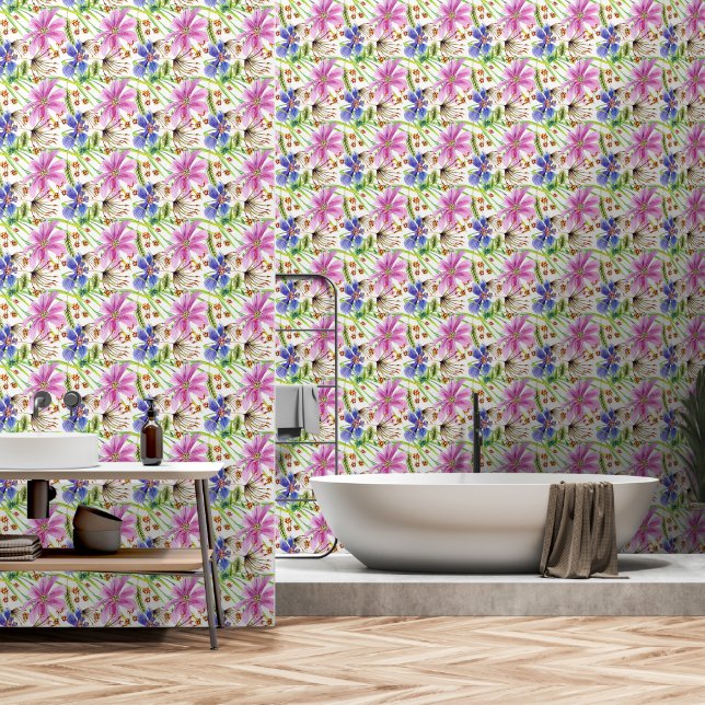 Papier Peint Fleurs Cosmos rose et bleu sur blanc (Salle de bain)