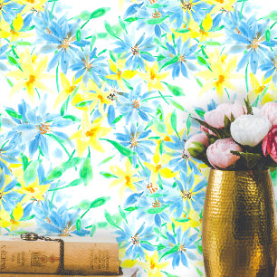 Papier Peint Fleurs d'aquarelle bleu et jaune peintes à la main
