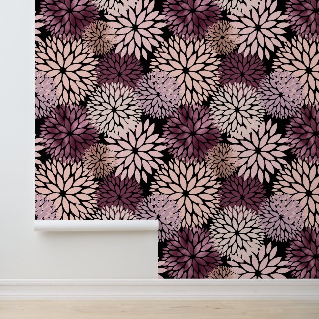 Papier Peint Fleurs de Bourgogne Noir Rosé (Application)