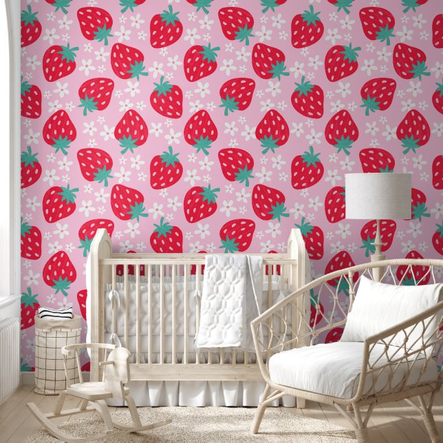 Papier Peint Fleurs de fraise d'été Chambre de bébé rouge  (Enfants)