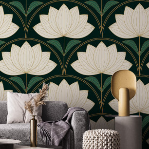 Papier Peint Fleurs de Lotus Art Déco sur Motif de fans d'or