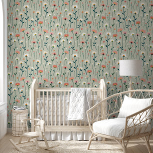 Papier Peint Fleurs de marguerite lunaire Sage Green Nursery Dé