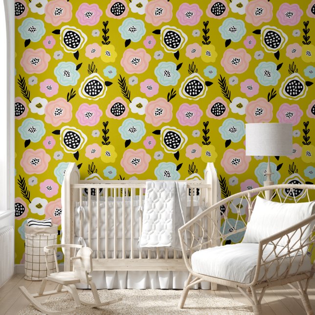 Papier Peint Fleurs de marguerite scandinave Mustard Jaune Nurs (Enfants)