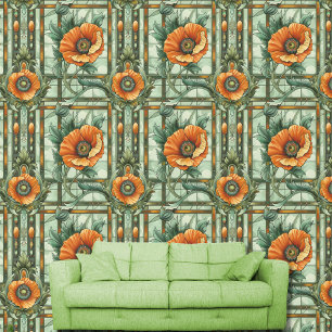 Papier Peint Fleurs de pavot Art Nouveau Orange Vert Floral