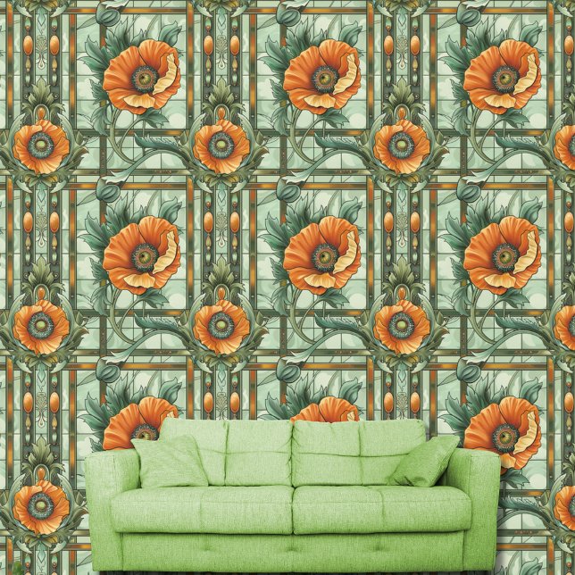 Papier Peint Fleurs de pavot Art Nouveau Orange Vert Floral (Créateur téléchargé)