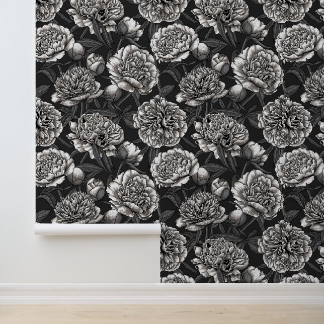 Papier Peint Fleurs de pivoines blanches sur gris foncé (Application)