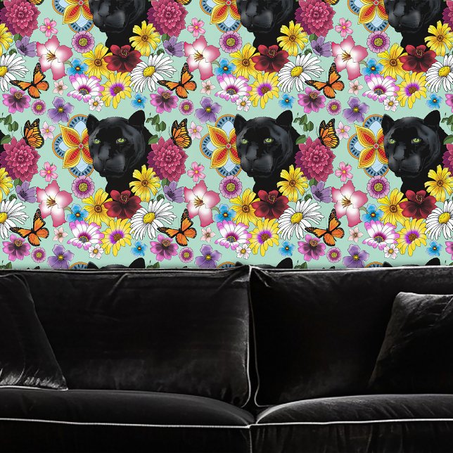Papier Peint Fleurs de Portrait Jaguar Noir (Créateur téléchargé)